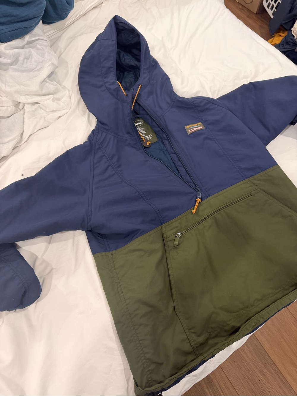 L.L. Bean Navy and Olive Hooded Anorak Pullover